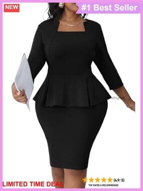 Plus Size Peplum Midi Pencil Dress 3/4 Sleeve Work Church